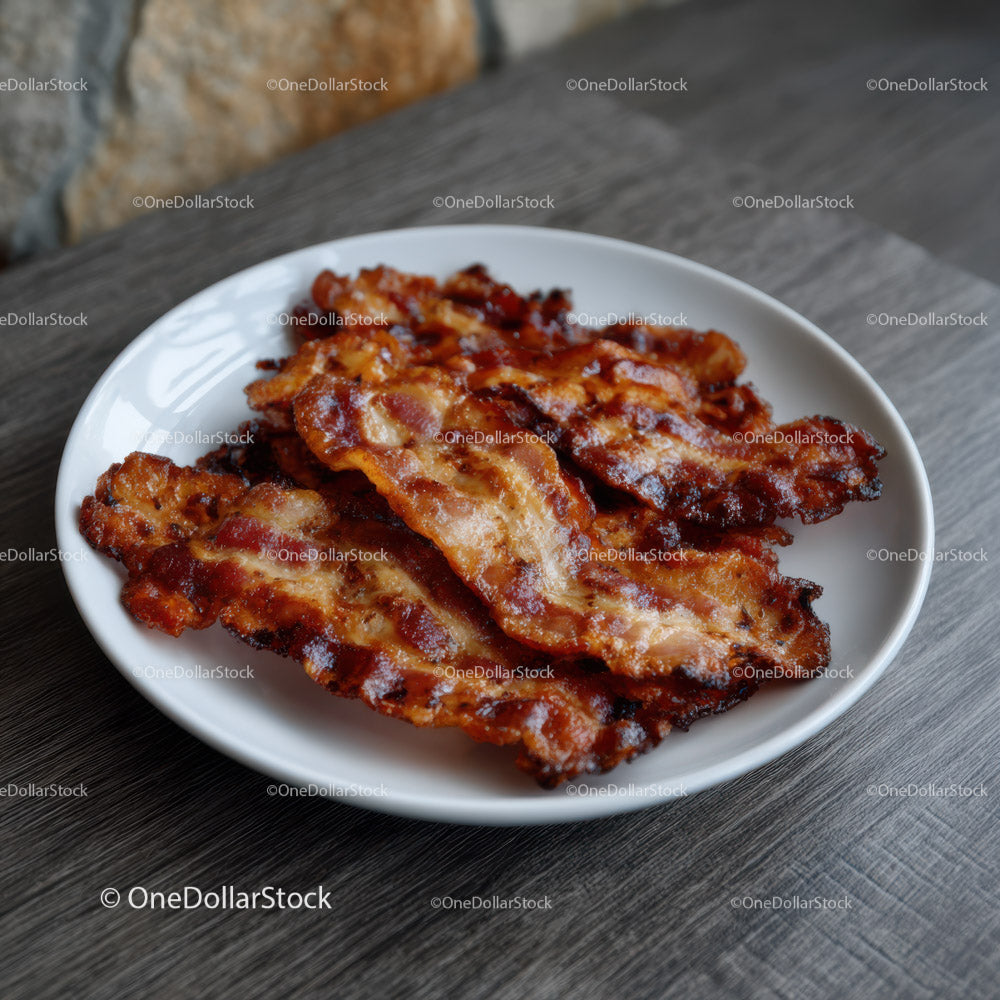 Crispy Bacon Strips on White Plate for Breakfast or Brunch