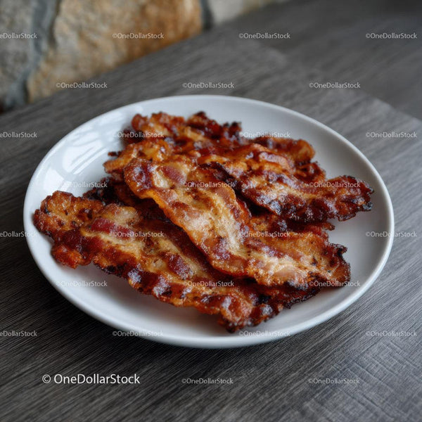 Crispy Bacon Strips on White Plate for Breakfast or Brunch