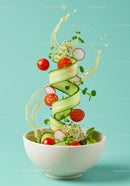 Fresh vegetable salad with cucumber ribbons and cherry tomatoes