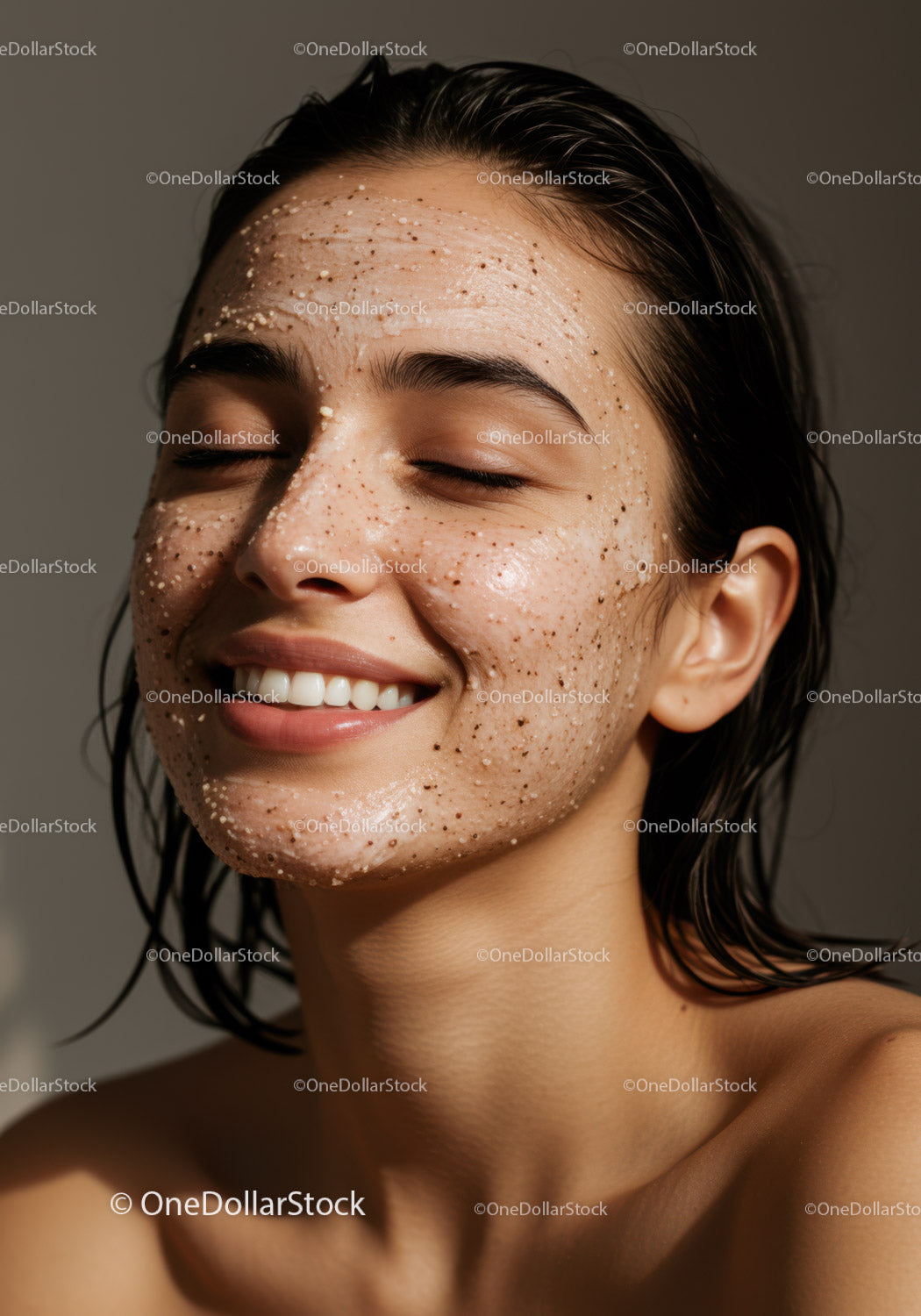 Young Woman Enjoying Facial Skincare Treatment with Exfoliating Mask