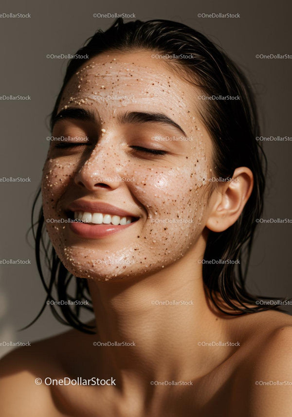 Young Woman Enjoying Facial Skincare Treatment with Exfoliating Mask