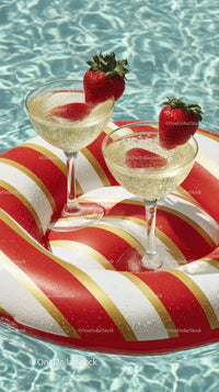 Strawberries and Sparkling Champagne Glasses on Pool Float in Summer
