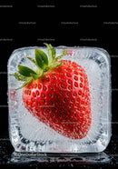 Fresh Strawberry Encased in Transparent Ice Cube