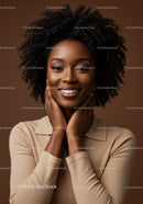 Portrait of Smiling African Woman with Curly Hair in Beige Sweater