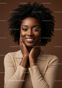 Portrait of Smiling African Woman with Curly Hair in Beige Sweater