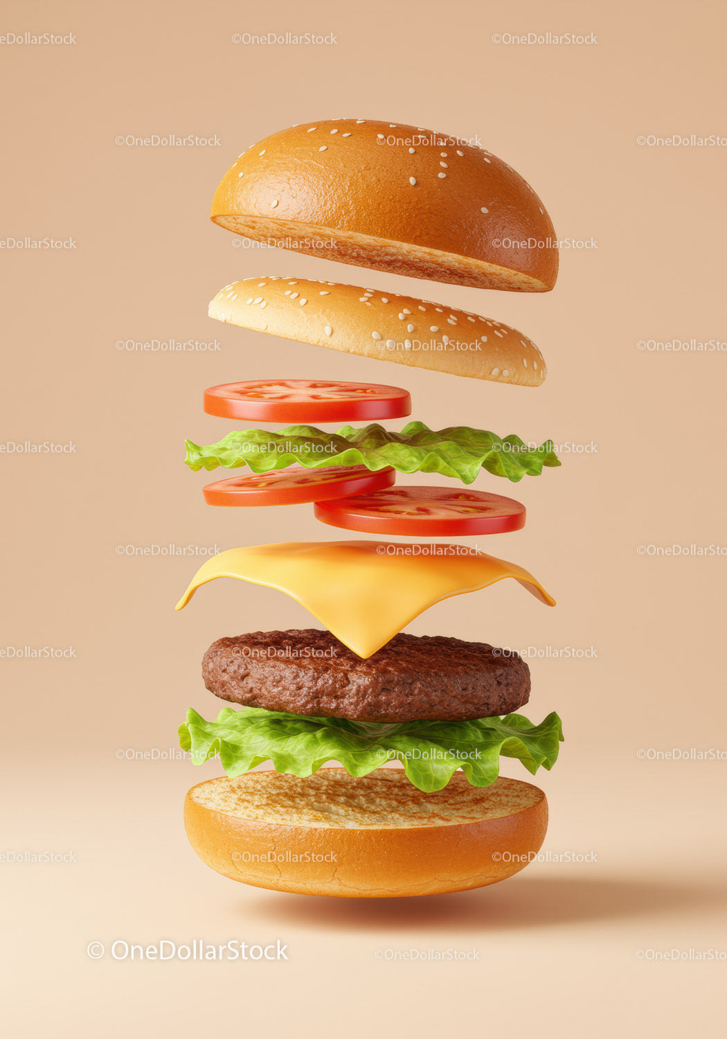 Deconstructed Cheeseburger with Fresh Ingredients Floating