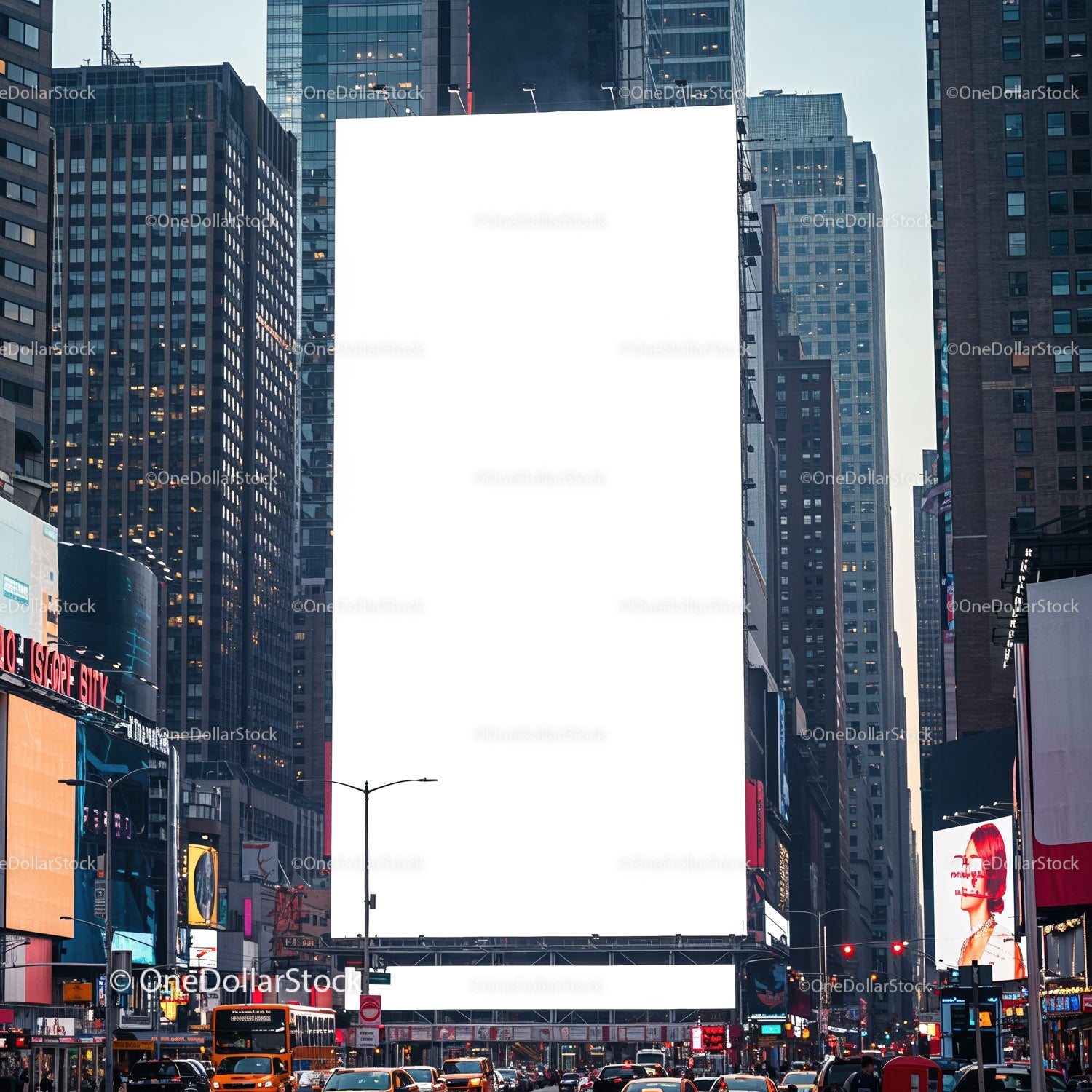 Widok na ulicę miejską z dużym pustym billboardem w centrum miasta