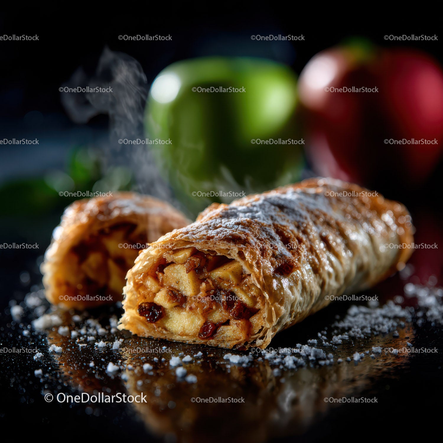 Fresh Apple Strudel with Nutty Filling and Powdered Sugar
