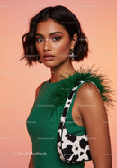 Fashionable Young Woman in Green Dress with Animal Print Bag on Colorful Background