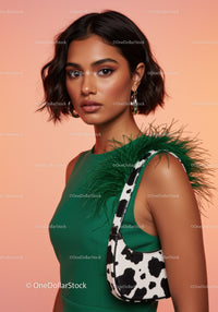Fashionable Young Woman in Green Dress with Animal Print Bag on Colorful Background
