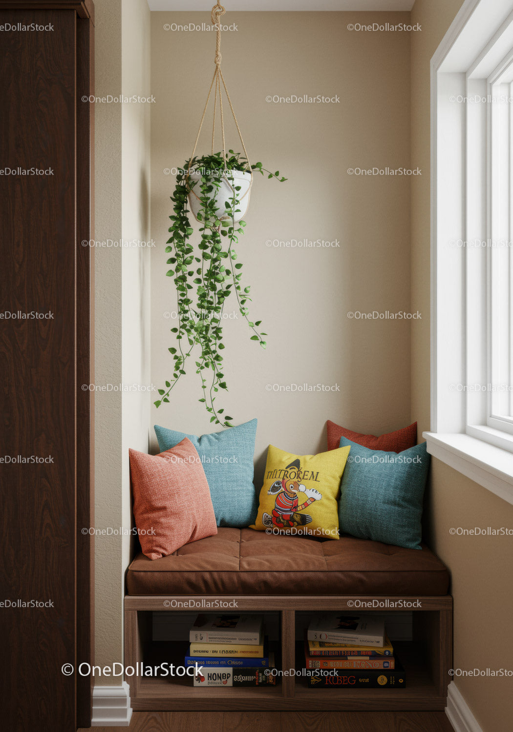 Cozy Window Nook with Hanging Plant and Colorful Cushions