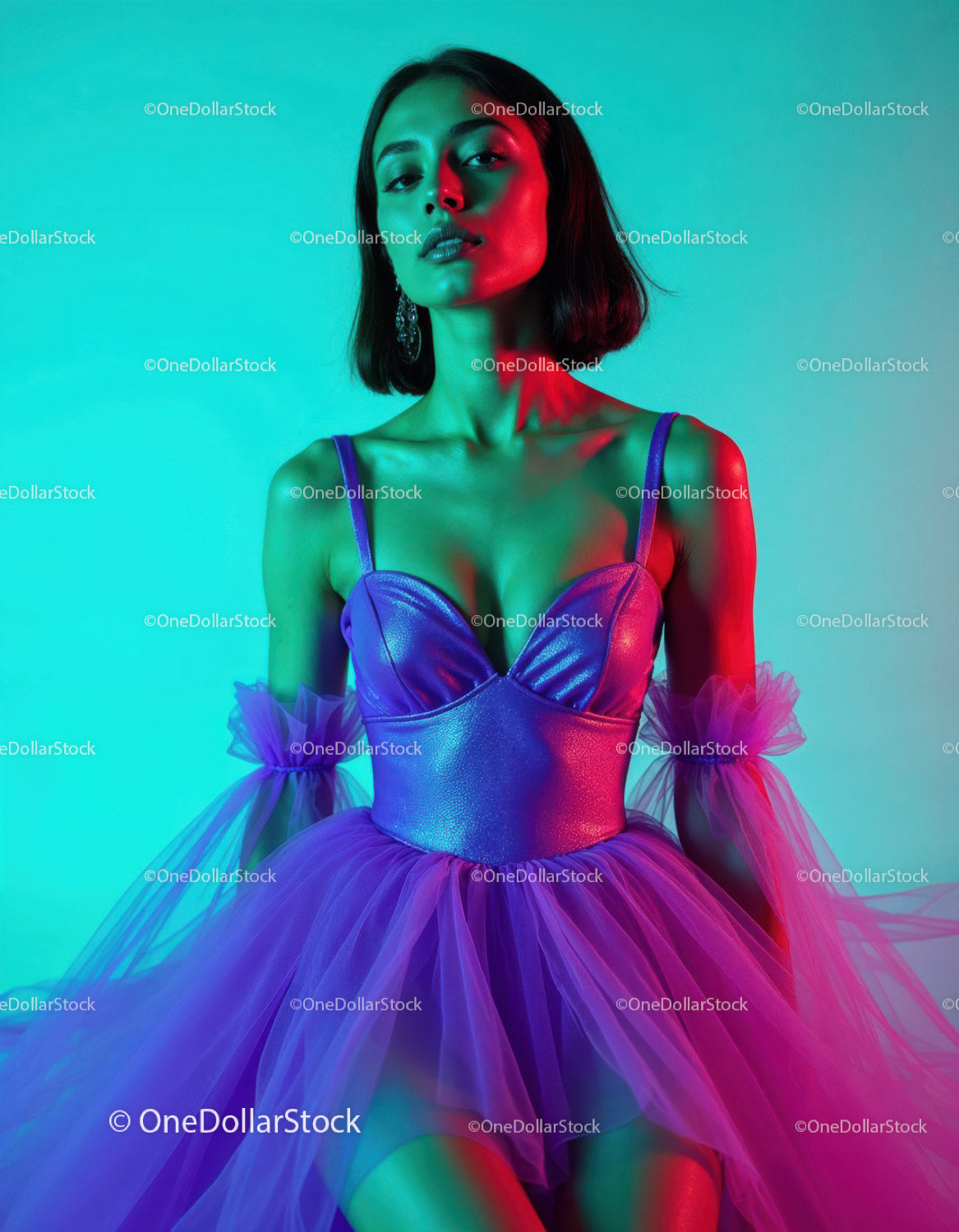 Vibrant Fashion Portrait of Glamorous Woman with Colorful Lighting