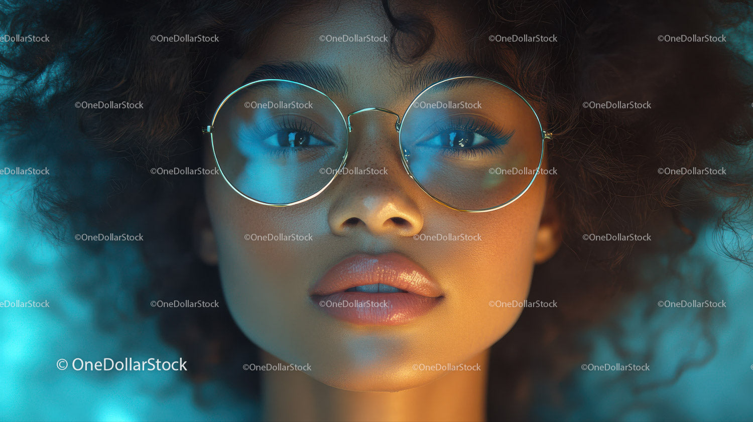 Żywy portret kobiety z kręconymi włosami afro i okrągłymi okularami przeciwsłonecznymi