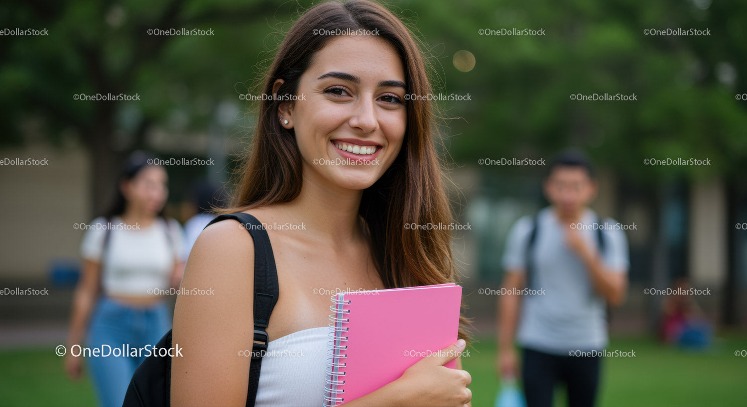 Młoda uśmiechnięta studentka trzymająca różowy notes na zewnątrz w parku