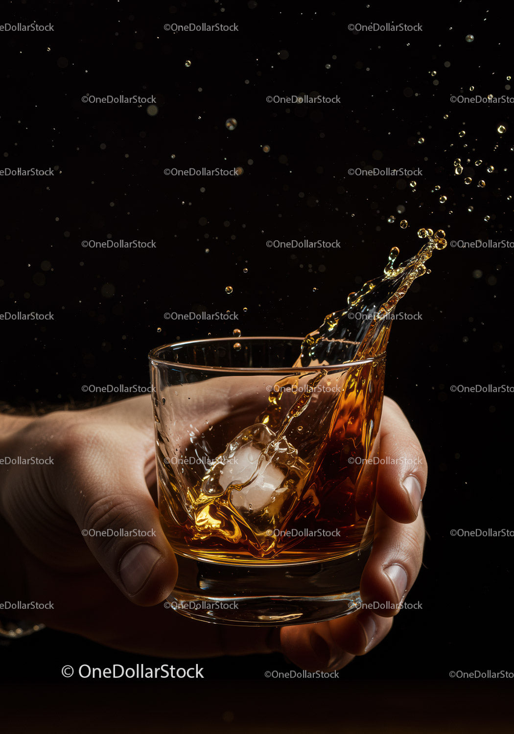 Glass of whiskey with ice splashing in hand