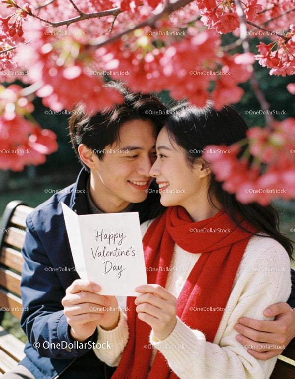 Couple sharing Valentines Day card under pink blossoms