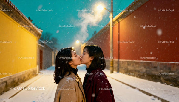 Couple sharing a tender kiss on snowy street at dusk