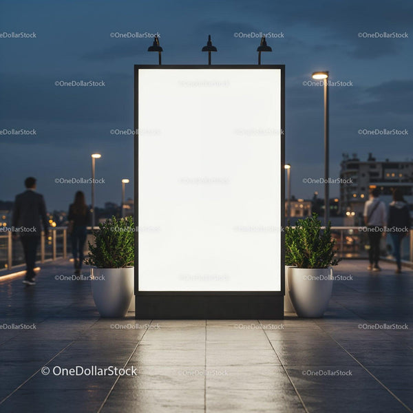 Illuminated Urban Billboard with Evening Pedestrians JPG Mockup Image