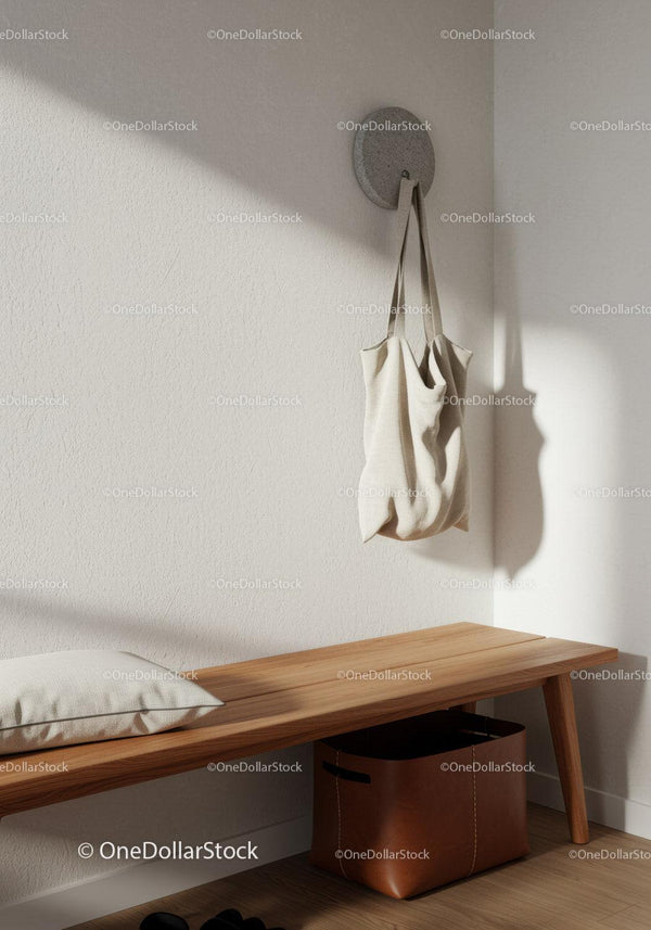 Minimalistyczne wejście do domu z drewnianą ławką i materiałową torbą