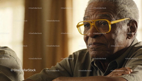 Thoughtful elderly man wearing yellow glasses indoors