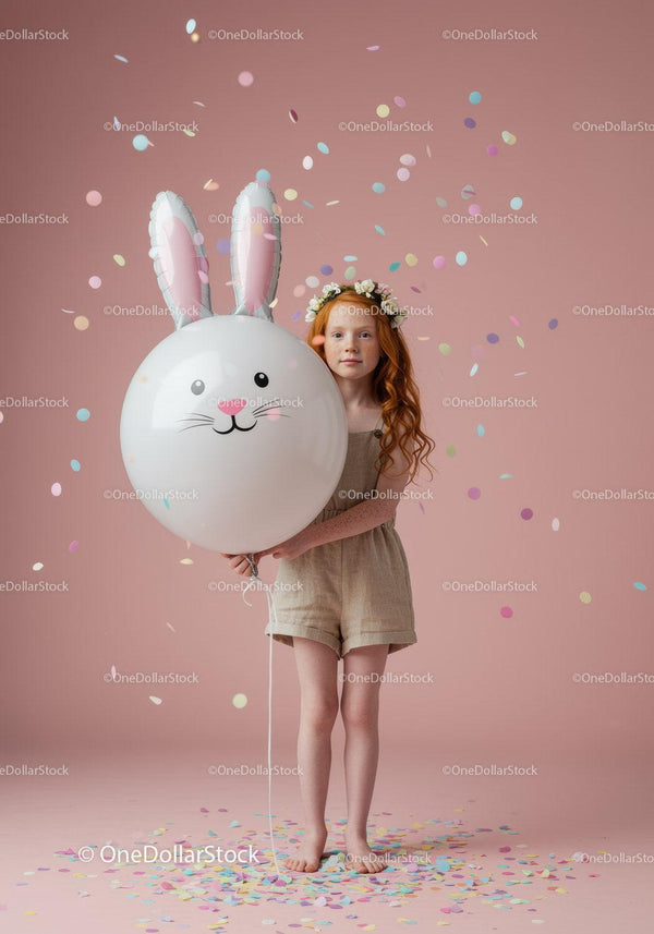 Ruda dziewczynka z kwiatową koroną trzymająca balon z królikiem