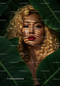Glamorous Woman with Curly Blonde Hair Among Tropical Leaves