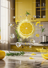 Fresh lemon slice splash with ice cubes and rosemary