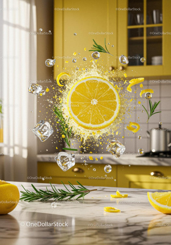 Fresh lemon slice splash with ice cubes and rosemary