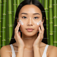 Young Woman Applying Face Cream in Spa Setting with Green Bamboo Background