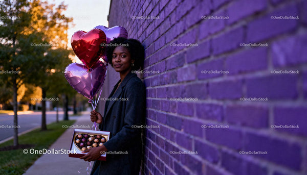 Young woman with heart balloons and chocolates outdoors