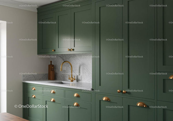 Elegant Green Kitchen with Marble Countertop and Gold Handles