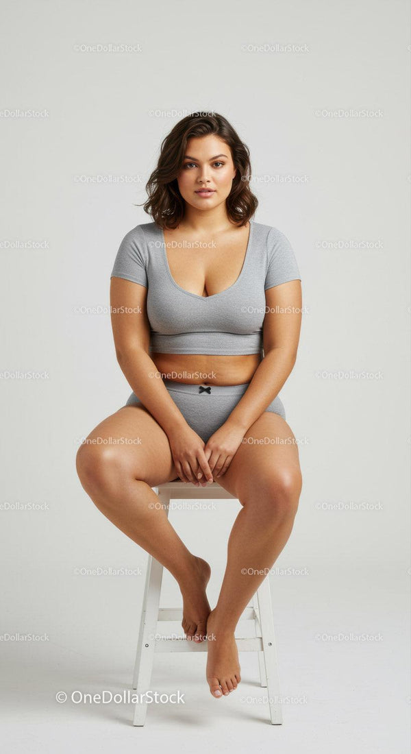 Confident Young Woman Sitting on Stool Wearing Casual Gray Outfit