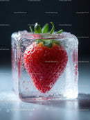 Fresh Strawberry Captured Inside a Clear Ice Cube
