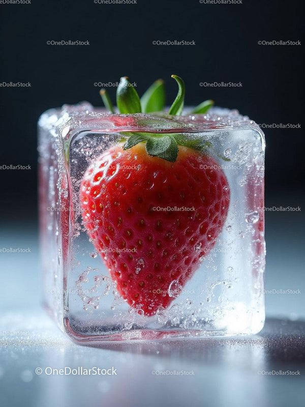 Fresh Strawberry Captured Inside a Clear Ice Cube