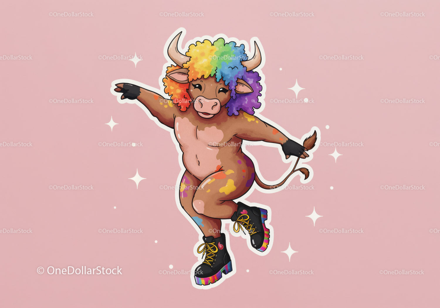 Colorful Cartoon Bull with Rainbow Hair in Funky Streetwear