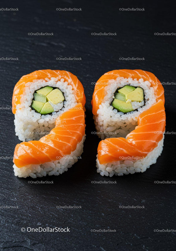 Fresh salmon avocado sushi rolls on black slate