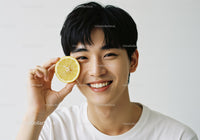 Young Man Smiling with Lemon Slice in Bright Minimalist Portrait