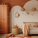 Warm Beige and Peach Baby Nursery with Woven Lampshades and Plush Decor