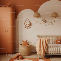 Warm Beige and Peach Baby Nursery with Woven Lampshades and Plush Decor