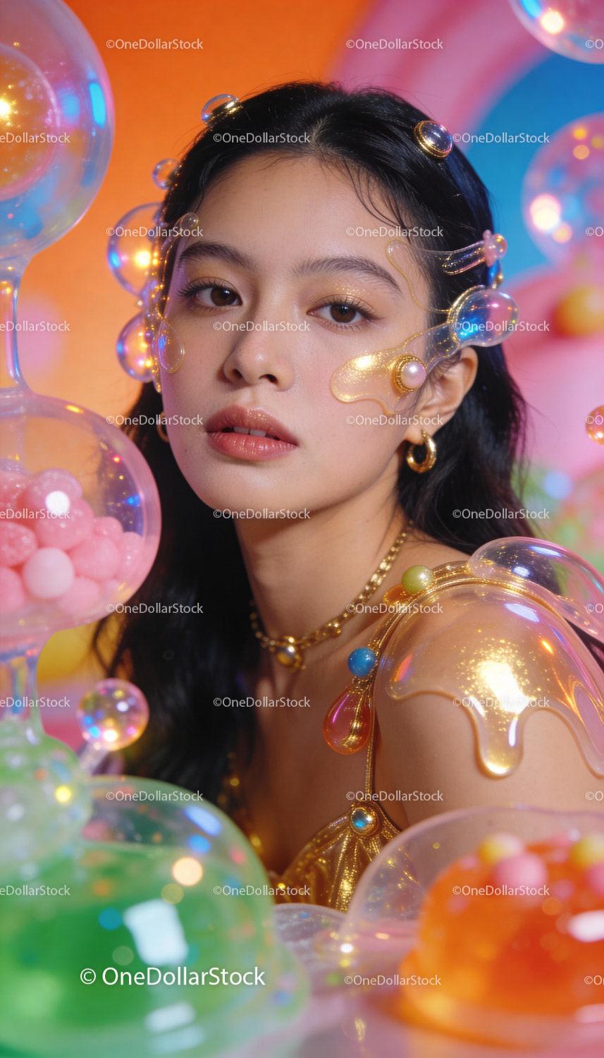 Woman with Artistic Bubbles and Glitter Makeup