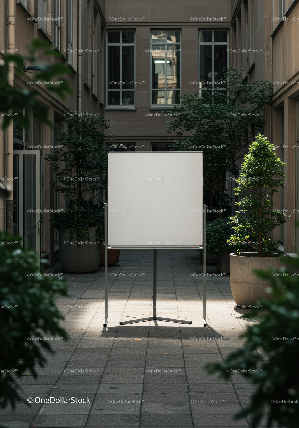 Blank Whiteboard in Quiet Urban Courtyard with Plants