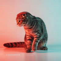 Playful Grey Tabby Cat in a Dynamic Pose with Striped Fur