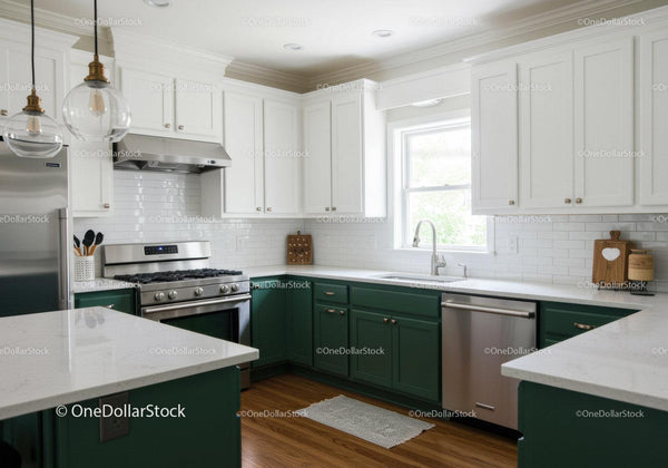 Bright Modern Kitchen with White Cabinets and Green Lower Cabinets