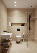 Modern Beige Stone Bathroom with Walk-in Shower and Black Fixtures