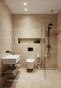 Modern Beige Stone Bathroom with Walk-in Shower and Black Fixtures