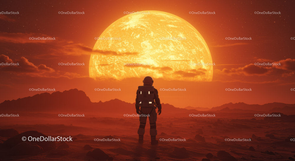 Astronauta oglądający gigantyczne słońce z obcego krajobrazu