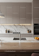 Modern Kitchen with Marble Backsplash and Grey Cabinets