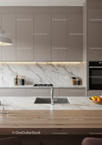 Modern Kitchen with Marble Backsplash and Grey Cabinets