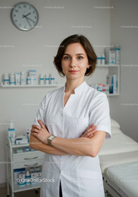 Female Healthcare Professional in White Coat Standing in Clinic