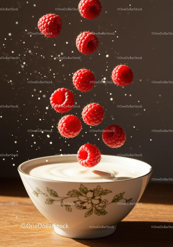 Fresh raspberries falling into creamy yogurt bowl